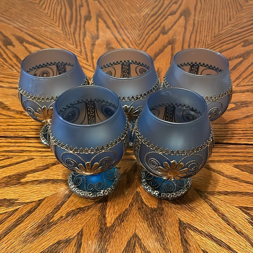 Vintage Blue Satin Finish Cordial Glasses (5) Wrapped in Metal Filigree Overlay